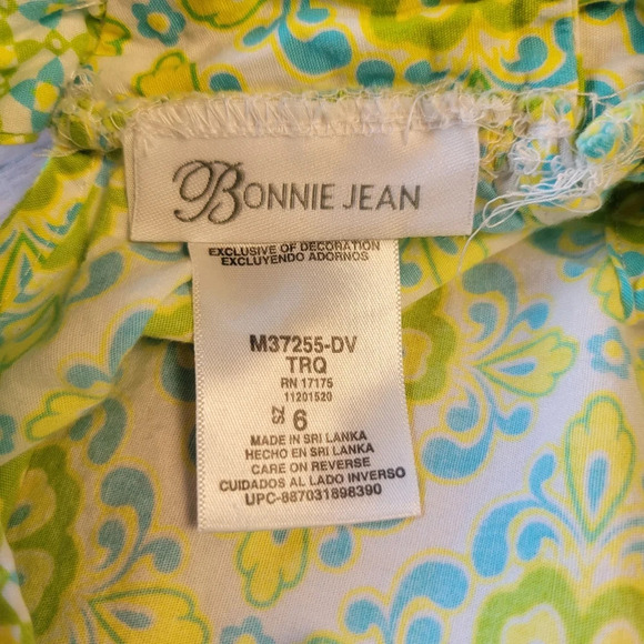 Bonnie Jean 100% Cotton Green Blue Floral Print Sleeveless Dress w/ Bow Girls 6 - Picture 6 of 7